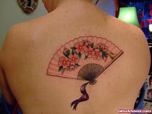 Geisha Fan And Flowers Women Tattoo