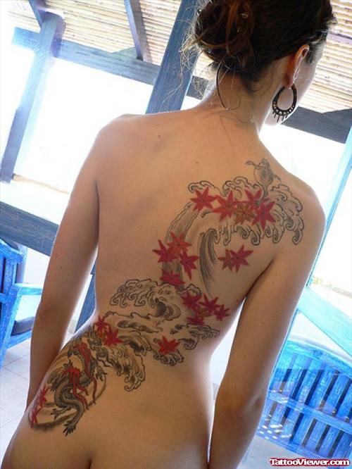Grey Ink clouds And Orange Maple Leafs Women Back Tattoo
