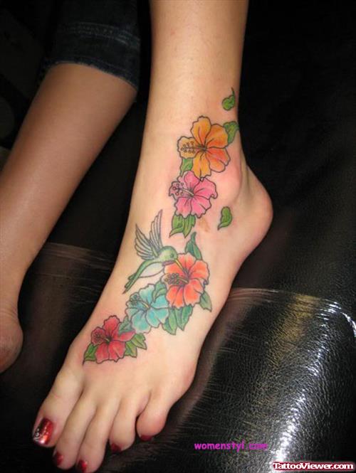 Colored Flowers Left Foot Women Tattoo
