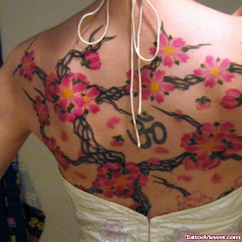 Colored Cherry Blossom Flowers Tree Women Tattoo On Back