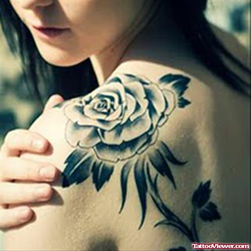Grey Ink Rose Women Tattoo On Shoulder