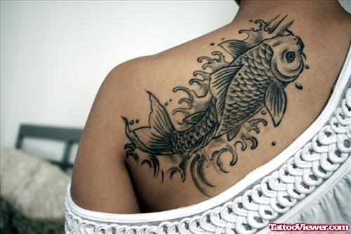 Grey Ink Fish Women Tattoo on Back