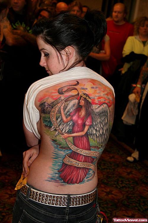 Colored Ink Angel Girl Women Back Body Tattoo