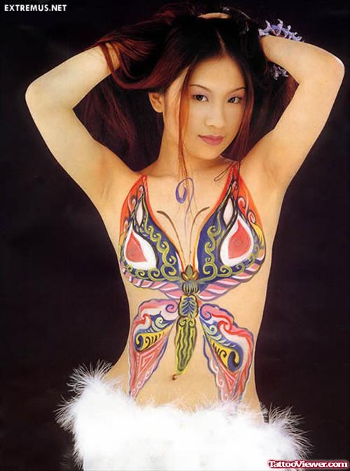 Colored Butterfly On Full Body Women Tattoo