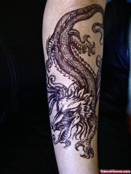 Amazing Grey Ink Dragon Sleeve Tattoo For Women