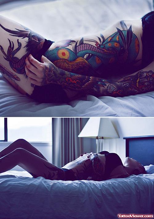 amazing Colored Japanese Flowers And Dragon Women Tattoos