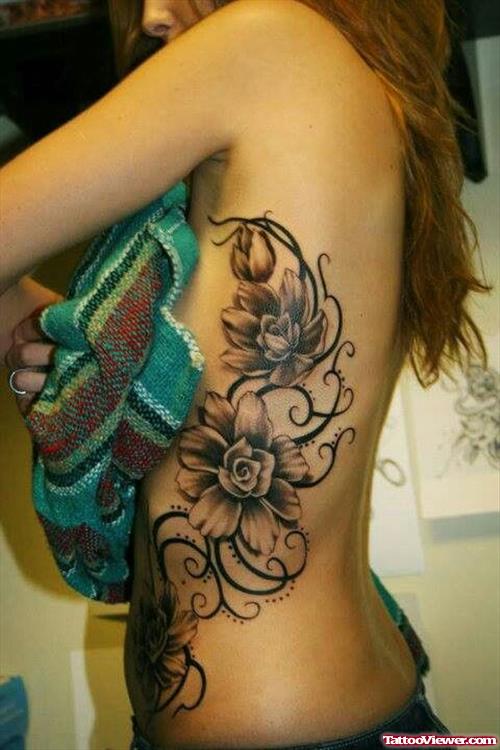 Grey ink Flowers Women Side Rib Tattoo