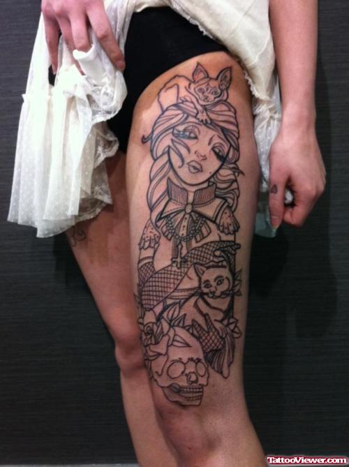 Girl Head With Flowers Women Tattoo On Leg