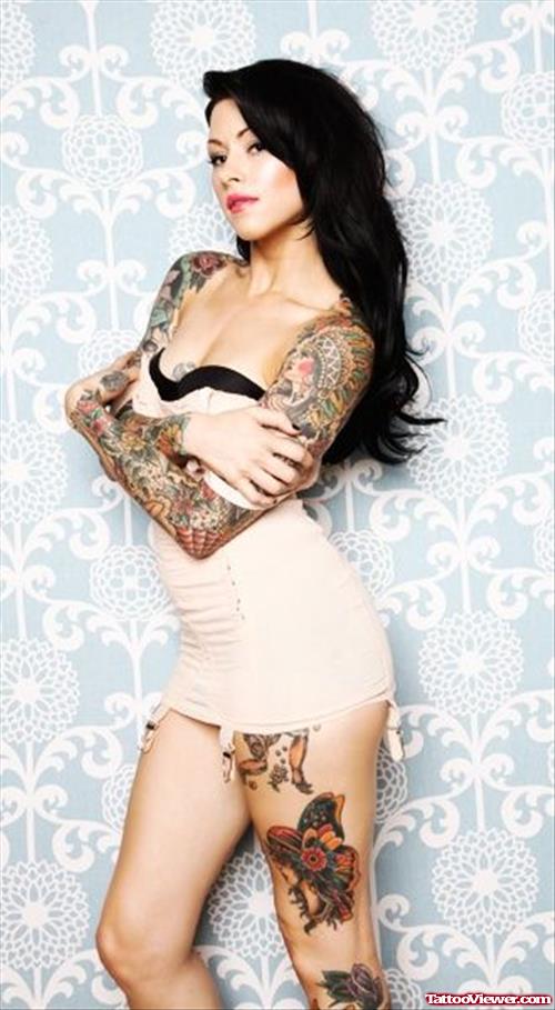 Colored Sleeve And Leg Women Tattoo