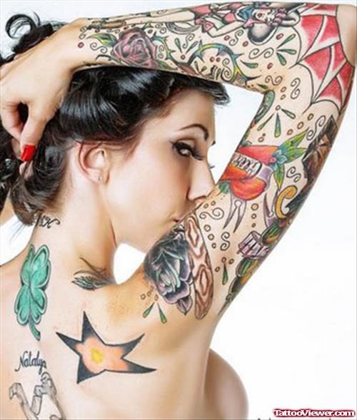 Star And Colored Sleeve Tattoo For Women
