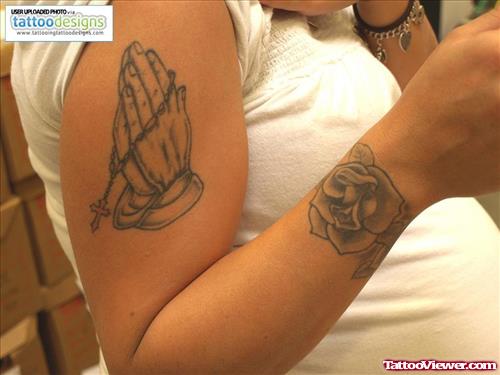 Rosary Praying Hands And Rose Flower Tattoo For Women
