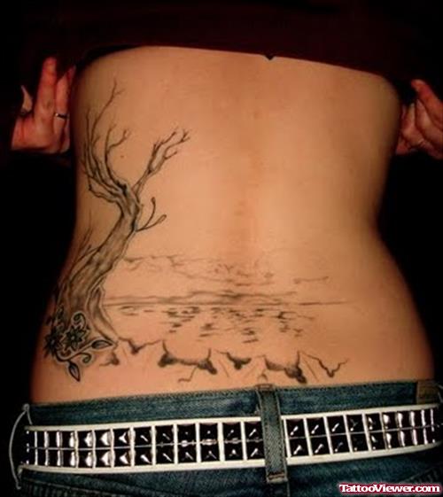 Grey Ink Tree Tattoo On Back For Women