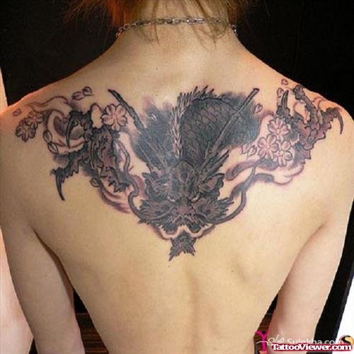 Flowers And Dragon Tattoo On Upperback For Women