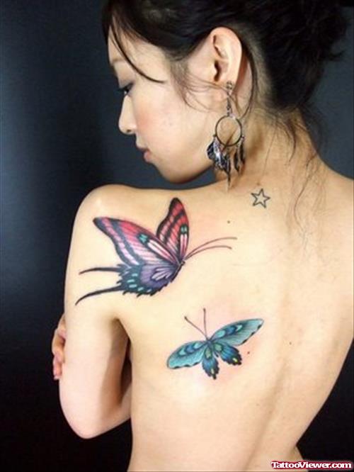 Colored Butterflies Women Back Tattoo