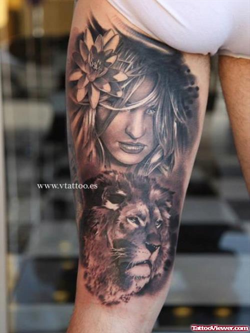 Realistic Lion Head And Girl Head Tattoo For Women