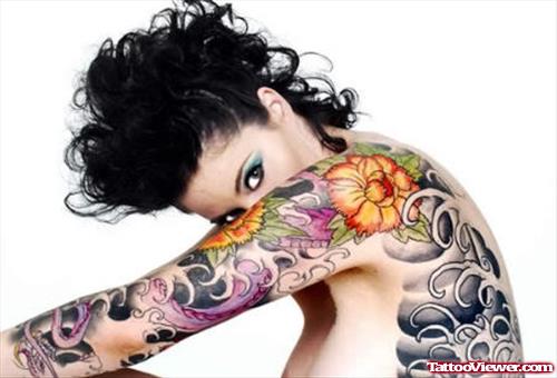 Japnese Colored Flowers Tattoo For Women