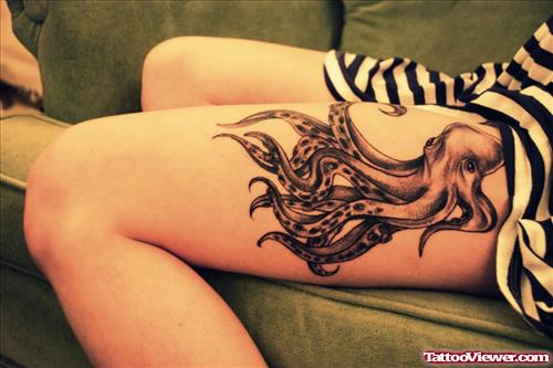 Grey Ink Octopus Tattoo On Thigh For Women