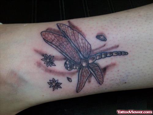 Grey Ink Flowers And Dragonfly Women Tattoo