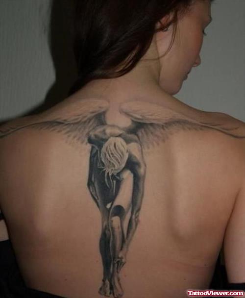 Grey Ink Angel Tattoo On Back For Women