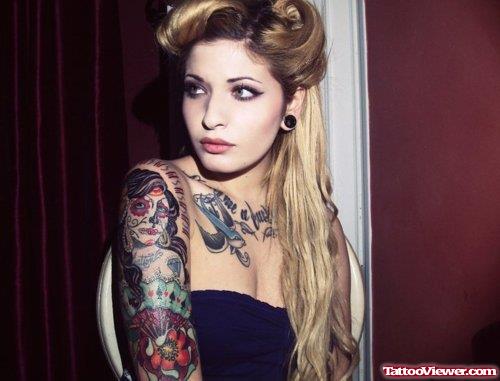 Dia De Lo Muertos Half Sleeve Tattoo For Women