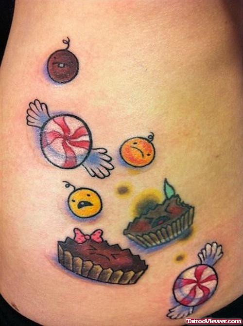 Cup Cakes And Candy Tattoos On Back For Women