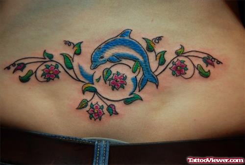 Blue Ink Dolphin And Cherry Blossom Flowers Tattoo For Women