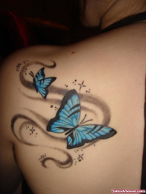 Blue Butterflies Women Back Shoulder Tattoo