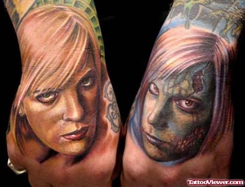 Women Heads Tattoos On Both Hands