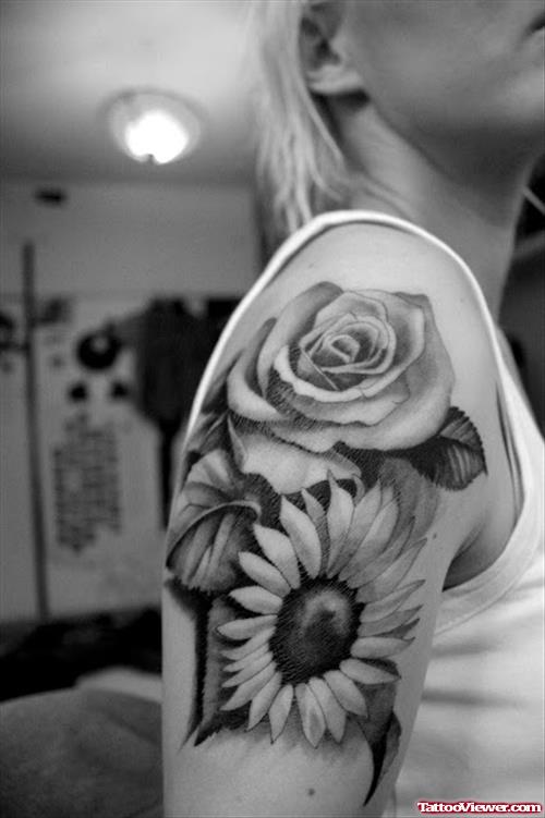 Grey Ink Flowers Women Half Sleeve Tattoo