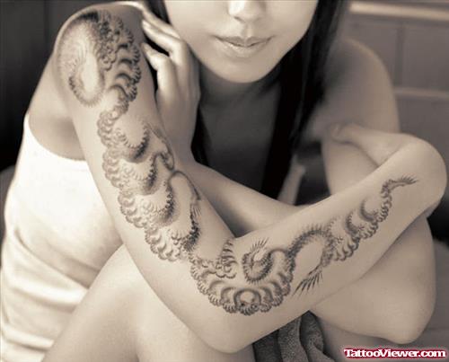 Grey Ink Feminine Women Sleeve Tattoo