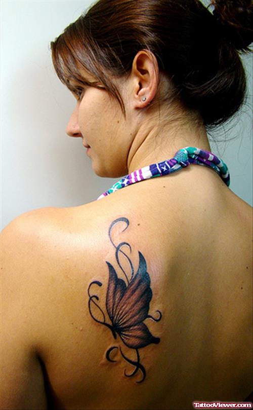 Grey Ink Butterfly Women Tattoo On Back