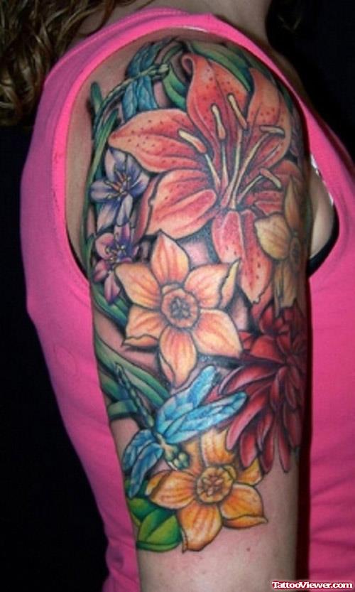 Dragonfly And Colored Flowers Tattoos For Women