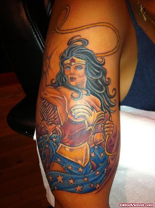 Colored Ink Women Tattoo On Right Half Sleeve