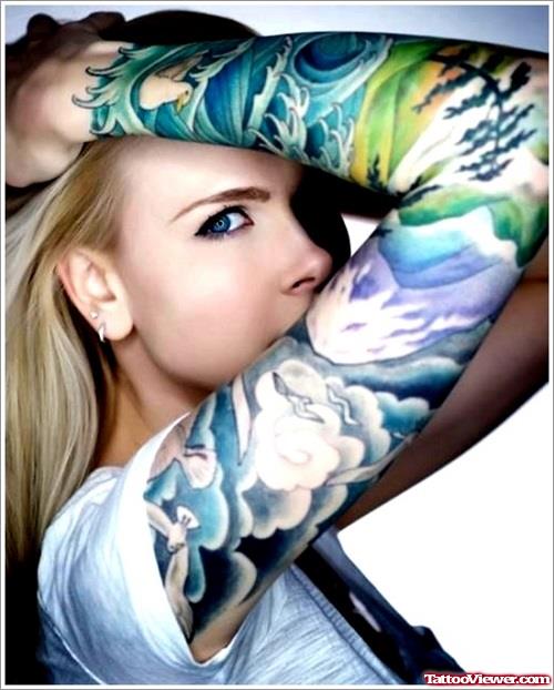 Colored Ink Tattoo On Sleeve For Women