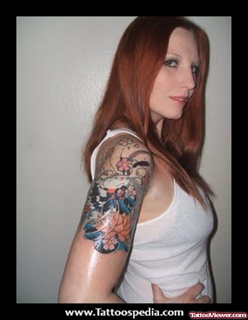 Right Half Sleeve Colored Women Tattoo