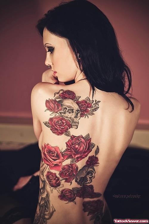 Red Rose Flowers And Skull Tattoo On Back For Women
