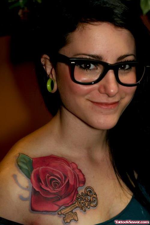 Red Rose And Key Women Tattoo