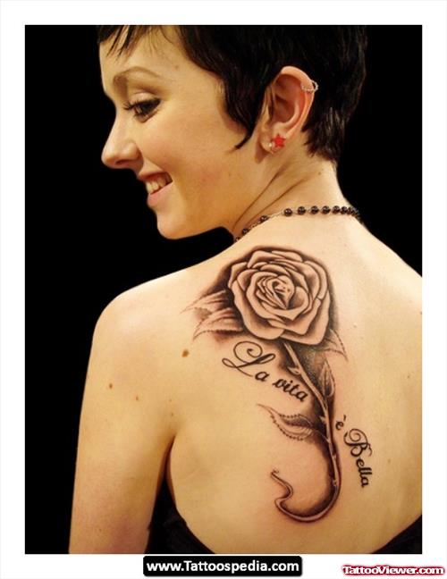 Grey Ink Rose Flower Women Back Shoulder Tattoo