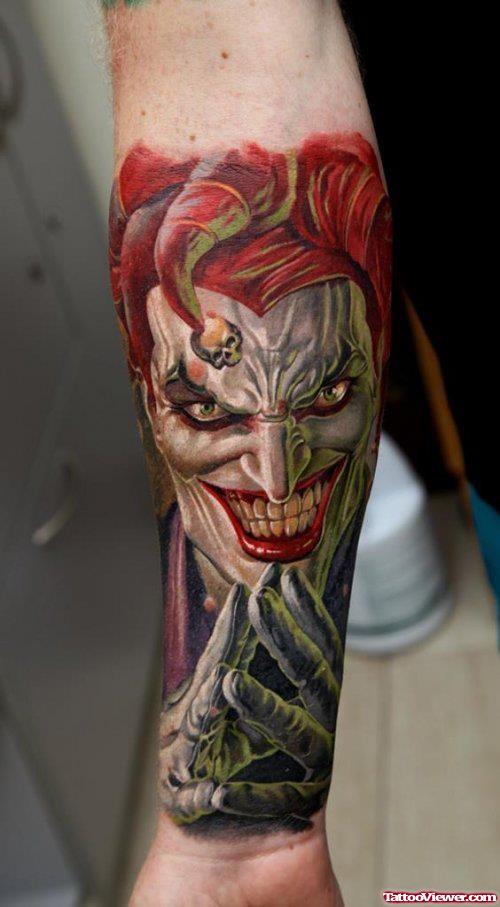 Colored Ink Joker Forearm Tattoo For Women