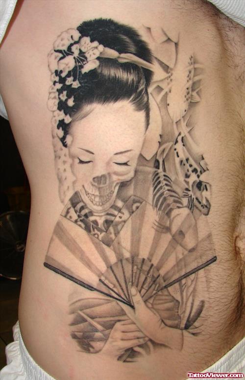 Grey Ink Geisha Girl Tattoo On Back For Women