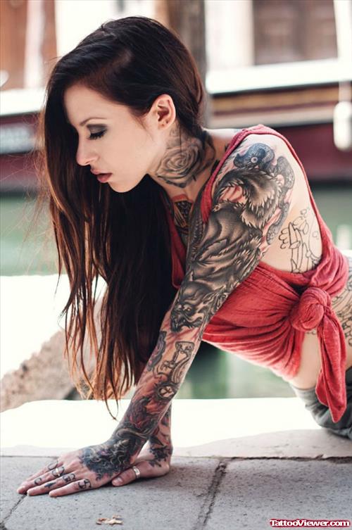 Grey Ink Fox Left Sleeve Women Tattoo