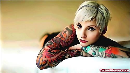 Colored Phoenix Women Sleeve Tattoos
