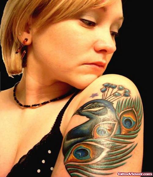 Colored Peacock Women Left shoulder Tattoo
