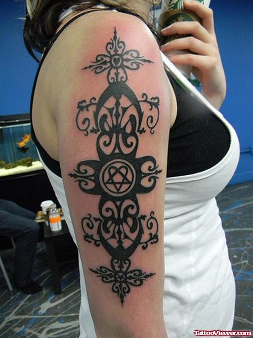 Black Ink Tribal Right Half Sleeve Tattoo For Women