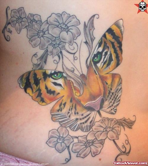 Tiger Head Butterfly And Grey Flowers Women Tattoo