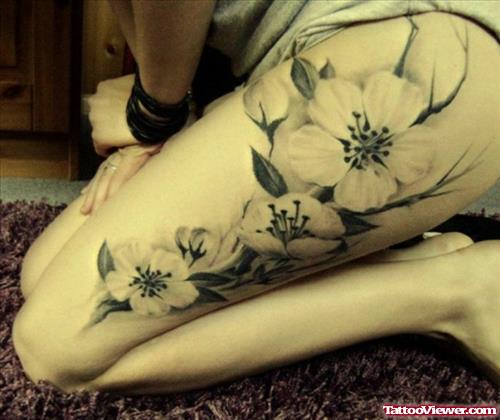 Grey Ink Flowers Tattoo on Thigh For Women
