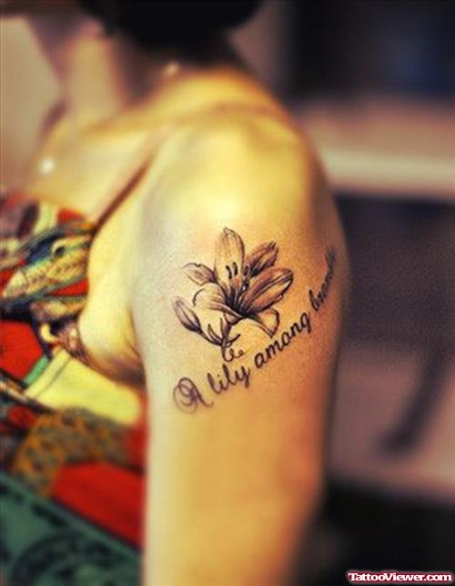 Grey Ink Lily Flower Left Shoulder Tattoo For Women