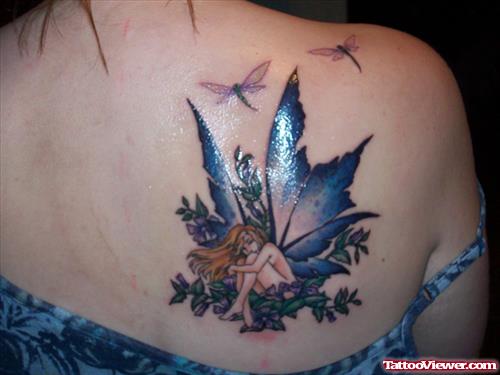 Colored Ink Fairy Women Tattoo On Back Shoulder