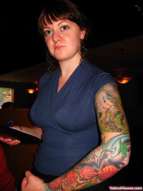 Colored Ink Ant Left Sleeve Women Tattoo