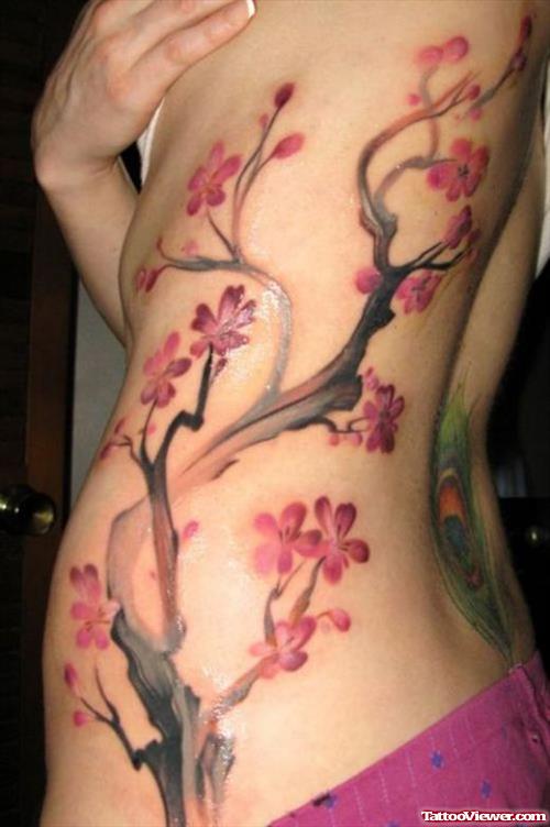 Cherry Blossom Flowers Tree Side Rib Women Tattoo